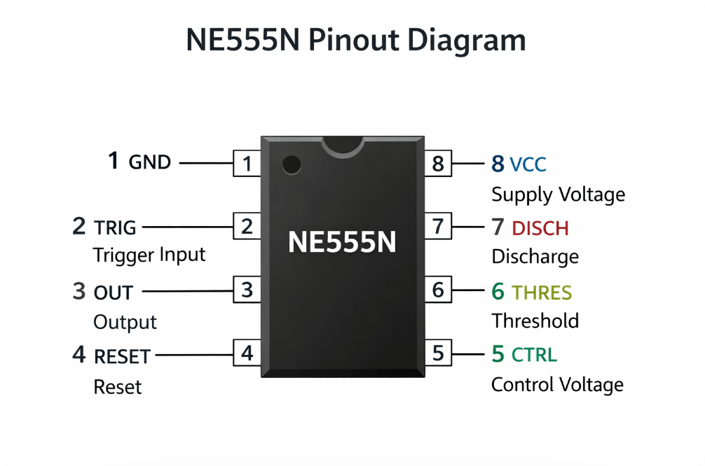 NE555N pinout diagram DIP-8 timer IC pin configuration