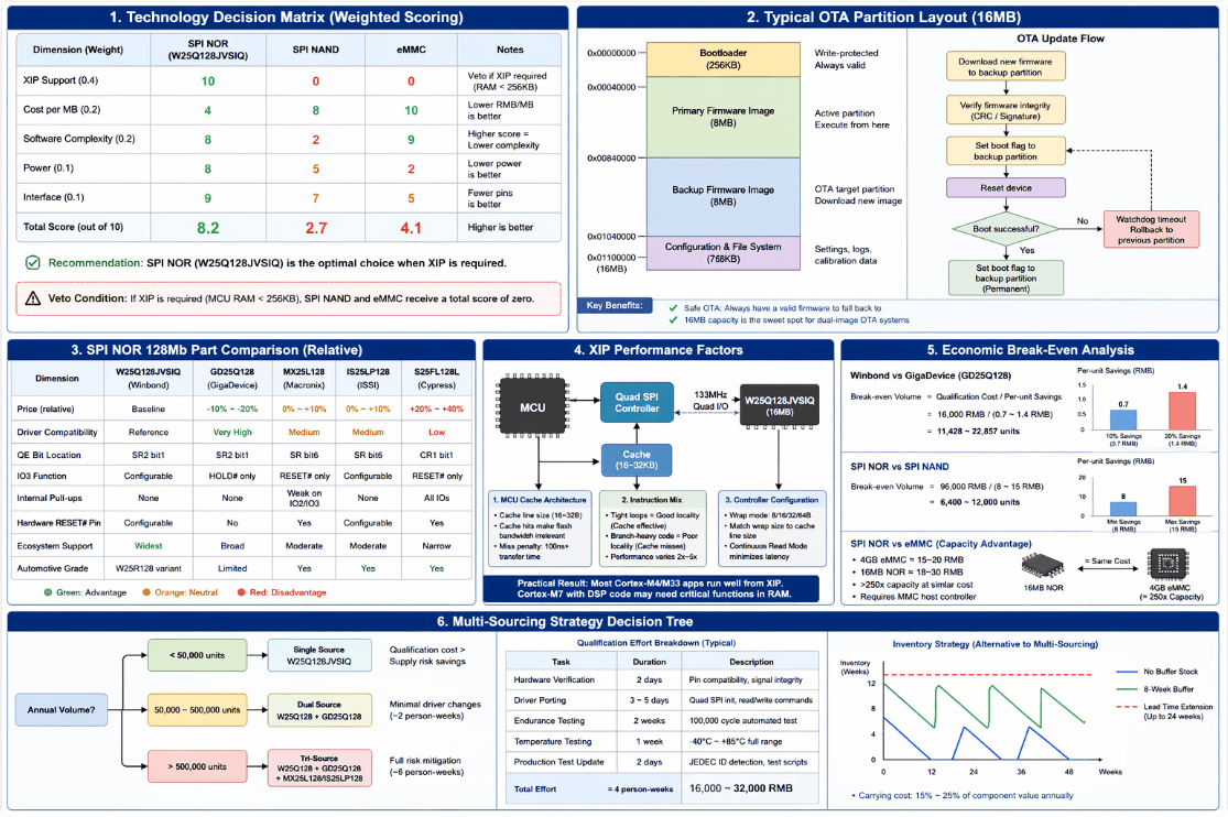 Flash memory selection framework comparing SPI NOR, NAND, and eMMC with OTA layout and XIP factors