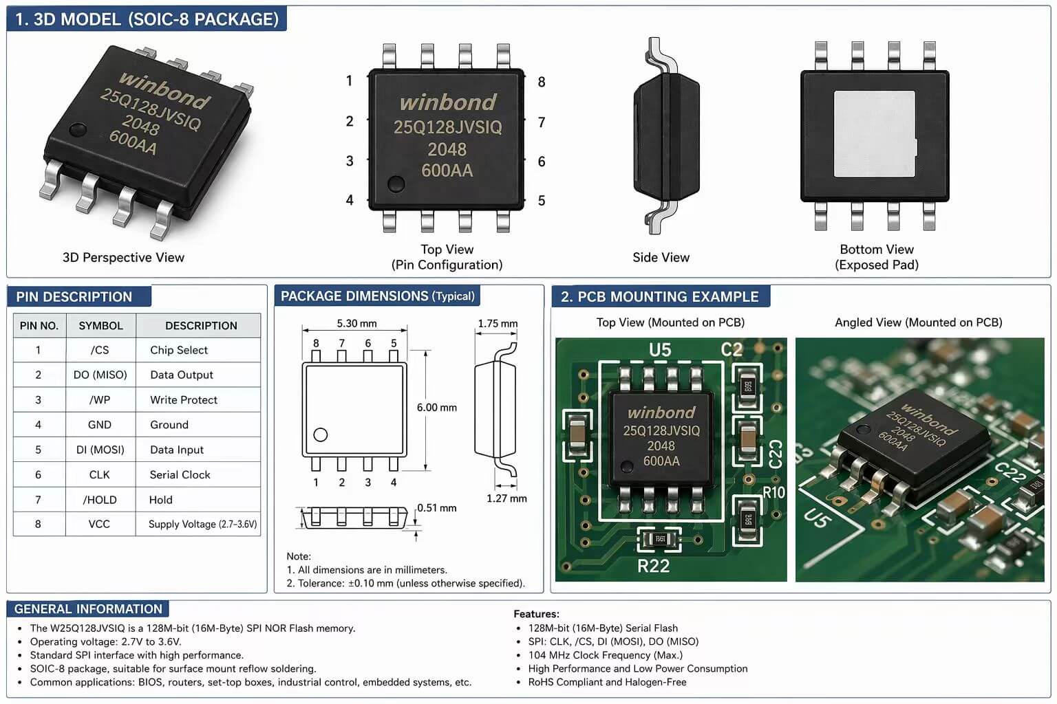 W25Q128JVSIQ SOIC-8 package pinout dimensions and PCB mounting example