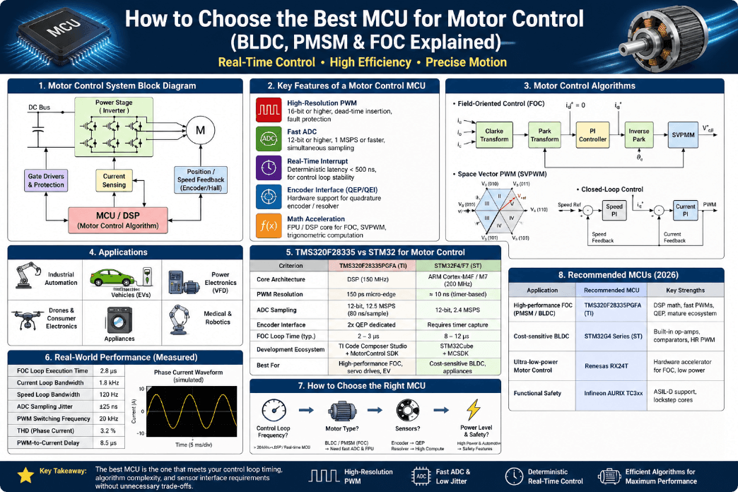 motor control MCU diagram showing FOC algorithm, PWM, ADC and BLDC PMSM control system